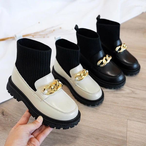 Bottes Filles Chaussette Cheville Neige Chunky Chaîne Élégant Mignon Enfants Botte En Cuir Bébé Hiver Printemps 27-38 Mode Slip-on Enfants Chaussures