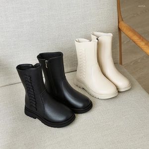 Bottes filles couleur unie Unique polyvalent PU enfant mode mi-mollet noir automne et hiver Simple Style japonais chaussures chaudes