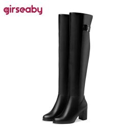 Bottes Girs sexy dames mid bloc talon sur le genou bottes zip pu en cuir épreuve de l'eau grande taille 52 fête chaude hiver en peluche noire f1292