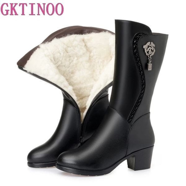 Botas GKTINOO Botas hasta la rodilla de invierno Piel de lana dentro de zapatos cálidos Mujeres Tacones altos Zapatos de cuero suave Plataforma Botas de nieve Calzado Botas 231026