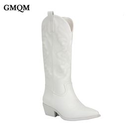 Boots GMQM Brand Fashion Women Westem Cowboy Boots Mid-Calf Boots Dropship Lady Autumn Winter Metalic Pumps Hoge Heels 230314