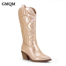 Boots GMQM Brand Fashion Women Western Cowboy Boots Mid-Calf Boots Dropship Lady Autumn Winter Metalic Sexy Pumps High Heel 230812