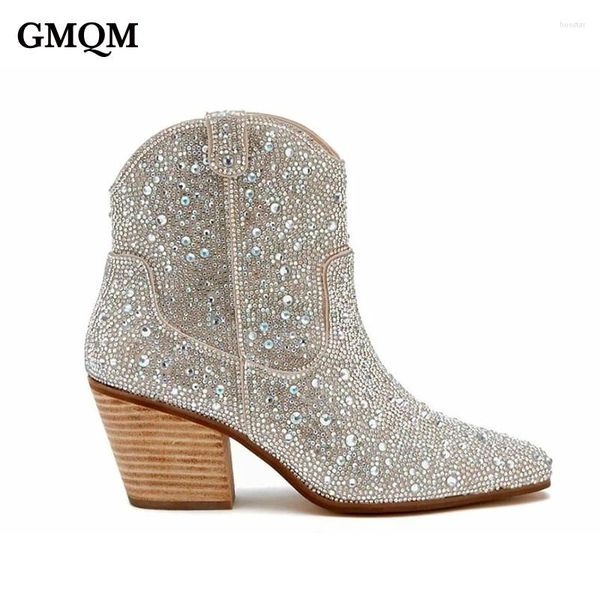 Botas GMQM Moda Mujer Tobillo Primavera Western Cowboy Clear Glitter Bling Shiny Tendencia Tacones altos Zapatos de calidad