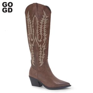 GOGD 2024 mode femmes brodé Western Cowboy Cowgirl bottes les bottes au genou talons épais bout pointu longues bottes d'équitation 231213