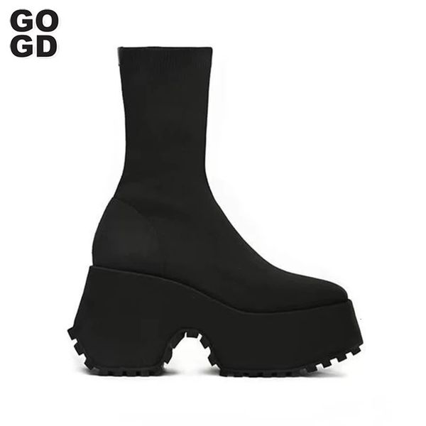 Bottes GOGD Marque Mode Femmes Plateforme Gothique Cheville Y Talons Halloween Genou Haute Punk Style Moto 231101