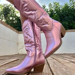 Laarzen gogd cowboy roze cowgirl laarzen voor vrouwen mode zip geborduurde puntige teen chunky hiel midden kalf westerse laarzen shinny schoenen 230517