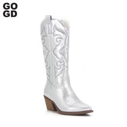 Laarzen gogd cowboy roze cowgirl laarzen voor vrouwen 2022 fashion zip geborduurde puntige teen chunky hiel midden kalf westerse laarzen shinny schoenen 221007