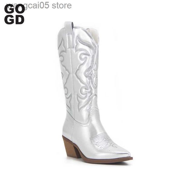 Bottes GOGD Cowboy Rose Cowgirl Bottes Pour Femmes 2022Fashion Zip Brodé Bout Pointu Talon Chunky Mi-mollet Western Bottes Shinny Chaussures T230713