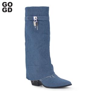 Boots Gogd Diseñador de moda Mujeres The Knee Botas Nuevos tacones de mezclilla High Lock Boots Western Cowboy Toats Heats Street Style