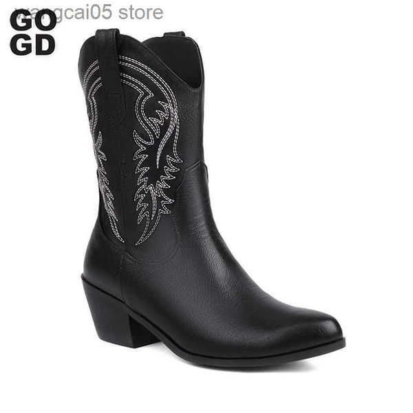 Botas GOGD Fashion Woman Ankle Boots New Western Short Cowboy Boots Bordado Suede Chunky Heals Novo Tamanho Grande 46 Sapatos de Salto Alto Hot T230713