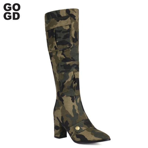 Boots Gogd Fashion Women's's The Knee Boots Nouveaux talons hauts Chunky Camouflage Army Chaussures vertes Knee High Boots Boots Boots Boots