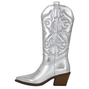 Bottes or mi-mollet femme fermeture éclair latérale argent pointu Western Cowboy rétro mode noir grande taille 3643 femmes 230831