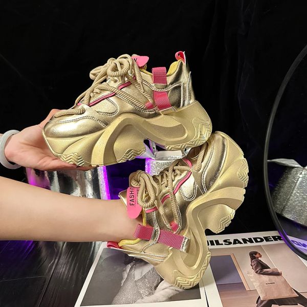 Boots Gold Silver Chunky Sneakers Femme 2023 AUTUMNE THEP BOTTER PLATTEURES SALSHEURS FEMME PU PU Le cuir Lace Up Dad Shoes Madames