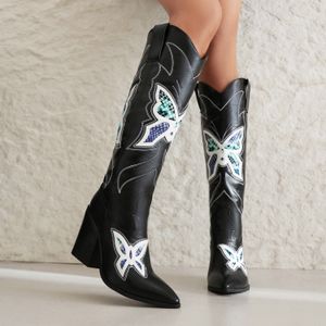 Laarzen prachtige boog geborduurd westerse cowboy retro puntige vierkante hak verhoogde dunne ridder sexy dames 230915