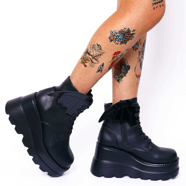 Bottes Goth chauve-souris plate-forme compensées bottines à talons femmes noir hiver Punk moto bottes décontracté Cosplay dames chaussures femme Z0605