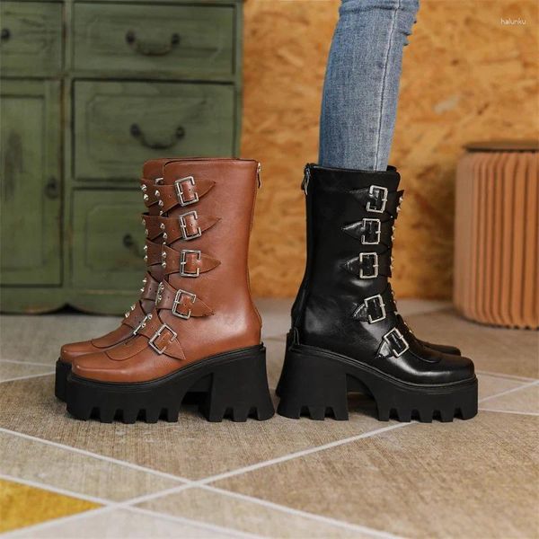 Botas góticas con cinco hebillas para mujer, Botas de plataforma para mujer, invierno 2023, suela gruesa, zapatos de fiesta para mujer, talla grande 43 44, envío directo