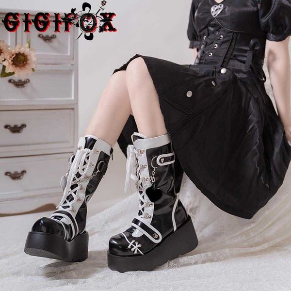 Bottes Goth Punk Style moto bottes pour femmes plate-forme Weges bottes mi-mollet chaîne en métal mignon JK Cosplay noir chaussures d'hiver Z0605