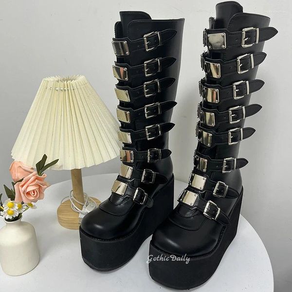 Botas Gothic Daily Platform Knee High Women Black Punk Punk Shoes Buckle Motorcycles 2024 Cosplay de Halloween