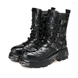 Botas Gothic Punk Hombre Cuero Moto Plataforma Caucho Negro Cálido Media Pantorrilla Militar Combate Fashion47