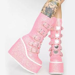 Botas estilo gótico punk plataforma corta en forma de corazón hebilla correa media pantorrilla cuña zapatos femeninos de tacón súper alto