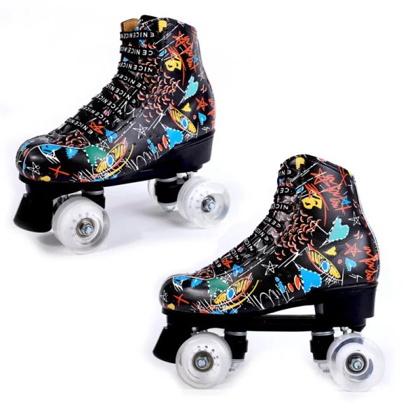 Boots Graffiti Microfiber Roller Skates Double Line Skates Femme Femmes Chaussures de patinage à deux lignes Adult