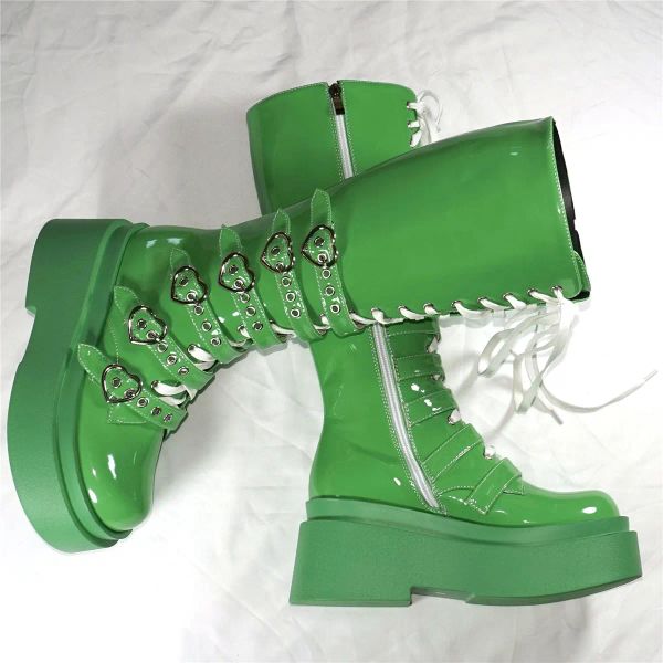 Boots Green Pumps Chaussures Femmes Lacet Up Le cuir breveté High Heel Knee High Snow Boots Femelle Feme Round Fashion Fashion Sneakers décontractés