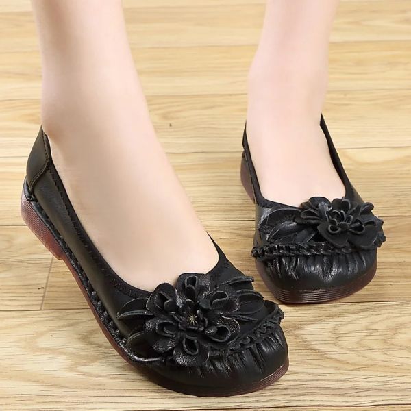 Bottes chaussures en cuir de ballerine à la main pour femmes mocassins noirs décontractés mocassins diaposités d'été