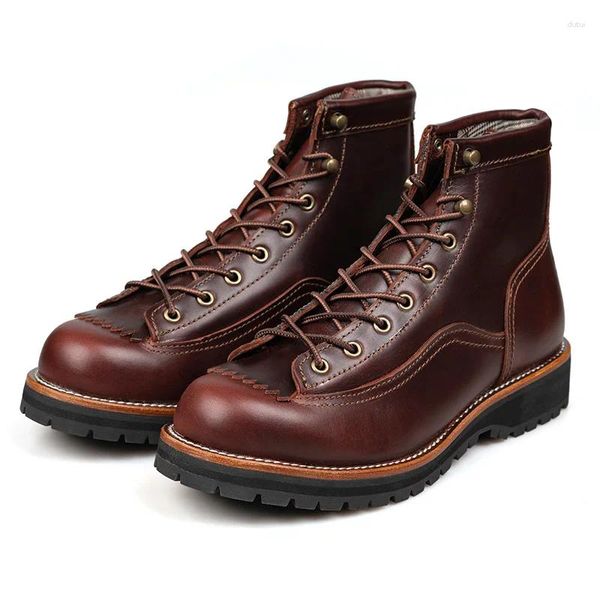 Botas hechas a mano vintage con cordones plataforma de cuero genuino hombres anillo negro rojo vestido de tobillo trabajo casual motocicleta