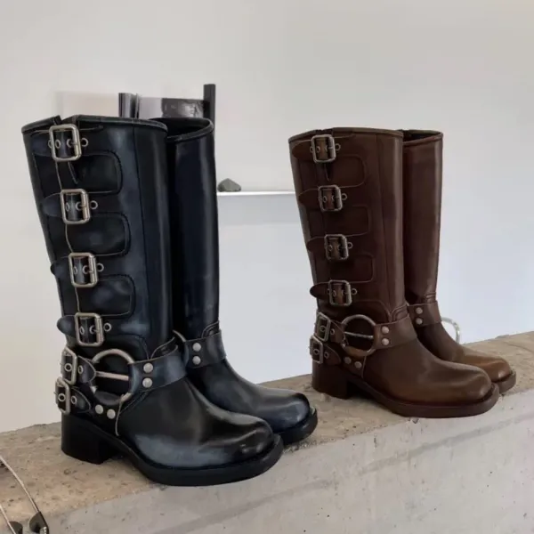 Botas Arnés Cinturón Cuero de vaca con hebilla Botas hasta la rodilla de motociclista Tacón grueso con cremallera Botas de caballero Botines de tobillo con punta cuadrada de moda para mujer Zapato de fábrica de zapatos de diseñador de lujo