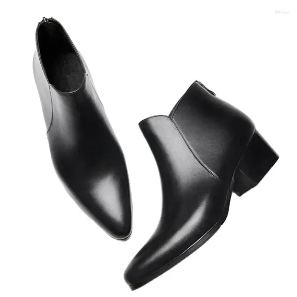 Botas Aumento de altura Tobillo de cuero genuino Hombres Tacones altos Oficina de negocios Trabajo Punta puntiaguda Vestido de novia para hombre 36-44