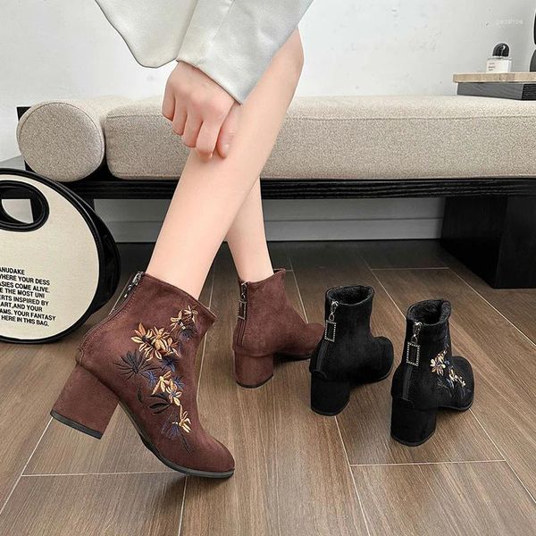 Bottes haut de gamme brodées florales femmes coton cheville courte dames décontracté bloc talon pompes chaussures femmes bateaux Chaussure Femme