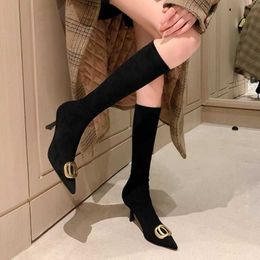Bottes bottes à talons hauts, Version coréenne, Sexy, Tube haut, bas fins, 7cm, enveloppe de jambe, daim, pointu, élastique en métal