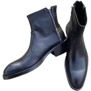 Botas Tacón alto Hombres 6 cm Suela gruesa Aumentar Moda Tendencia de lujo Cremallera Cuero de vaca Zapatos de cuero puntiagudos