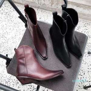 Laarzen hoge hakken hout enkel vrouwen lederen booties mode vierkante teen schoenen vrouwelijke vreemde stijl zip dames herfst