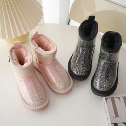 Boots High Top Children Slip on Girls Chaussures Princess Chaussade en peluche Enfants Snow Transparence Hinaistones Étudiants Botas