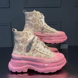 Laarzen hightop schoenen vrouwelijk 2021 nieuwe roze dikke dikke platformschoenen bedrukt lederen papa schoenen vrouwelijk ins tide