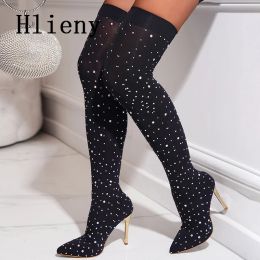 Laarzen hlieny maat 3543 mode runway crystal stretch stof sok bovenste boot dij high pointed teen vrouw stiletto hiel schoenen