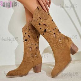 Bottes Creux Faux Daim Western Cowboy Femmes Bottes Longues Chunky Talons Hauts Creux Cowgirl Mi-mollet Bottes Vintage Chaussures Femme T231121