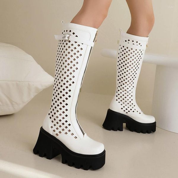 Bottes maille creuse respirant été femme longueur genou ultra haut talon plate-forme fermeture éclair style punk long 2023