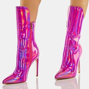 Botas Holograma Espejo iridiscente Tacones de aguja Punta puntiaguda Bota a media pantorrilla Cuero verde rosa fluorescente Cremallera Zapato de noche fino