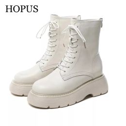 Laarzen hopus damesplatform laarzen lederen hightop schoenen voor dames 2022 designer luxe short laarzen vrouwelijke kantup Koreaanse stijl comfortabel