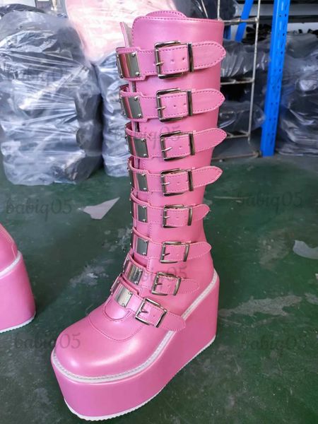 Botas Venta caliente Botas de mujer Hebilla Corazón Cuñas rosadas Plataforma inferior gruesa Hasta la rodilla Botas de mujer Zapatos de cosplay góticos T231117