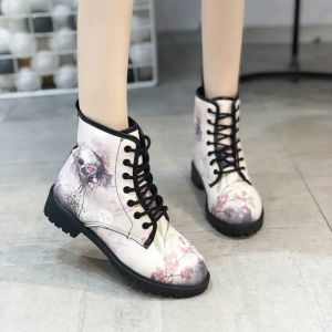 Bottes Hot Squelette pour femmes Snow Chevaute Motorcycle Boots Skull Pansy Low Talon Fashion Chaussures Vintage Pu Leather Winter Winter High Plateforme