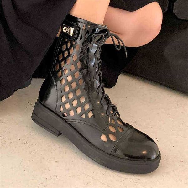 Botas Hot Summer Women Tobillo Hecho a mano Cuero Hollow Out Sandalias Cuña Zapatos de mujer Fondo suave Martin Zip 220629