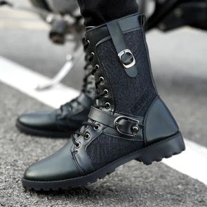 Boots Idopy Men Boots Pu Leather Man Chaussures plates Mid Calf Automne d'automne Hiver Male Punk Motorcycle Boots Footwear