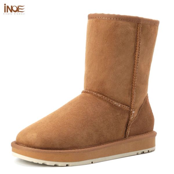 Botas INoe Real oveja de oveja Mujeres de cuero Fashion Invierno Invierno Botas de nieve de oveja Natural Lana de piel Fuera de zapatos calientes