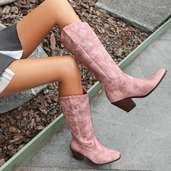 Bottes IPPEUM Rose Western Cowboy Genou Haut Bout Pointu Chunky Talon Femmes Chaussures Cowgirl Botas Mujer