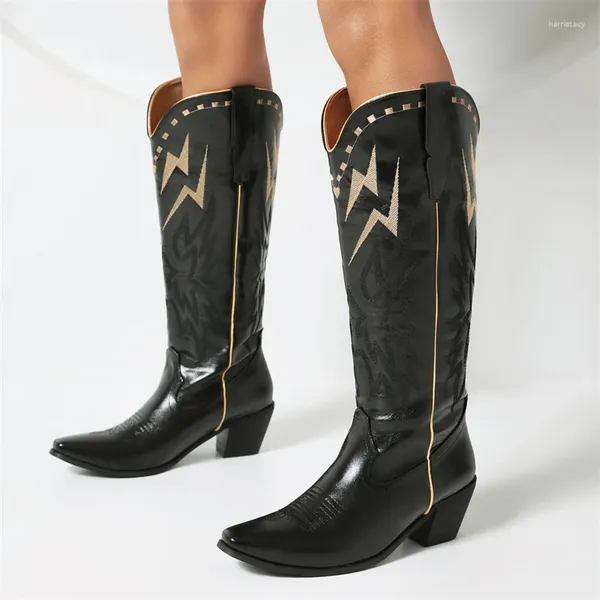 Boots ippeum Western Cowboy Femmes Knee High Black Block Talon plus taille 46 Botas de cow-girl brodés de Féminine