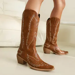 Bottes IPPEUM Femmes Large Veau Western Cowboy Rouge Chaussures À Talons Moyens Marron Vintage Brodé Cowgirl