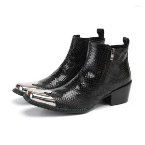 Bottes italiennes noires rétro pour hommes, cheville en peau de serpent, en cuir véritable, bout carré en fer, chaussures de soirée pour hommes, hiver
